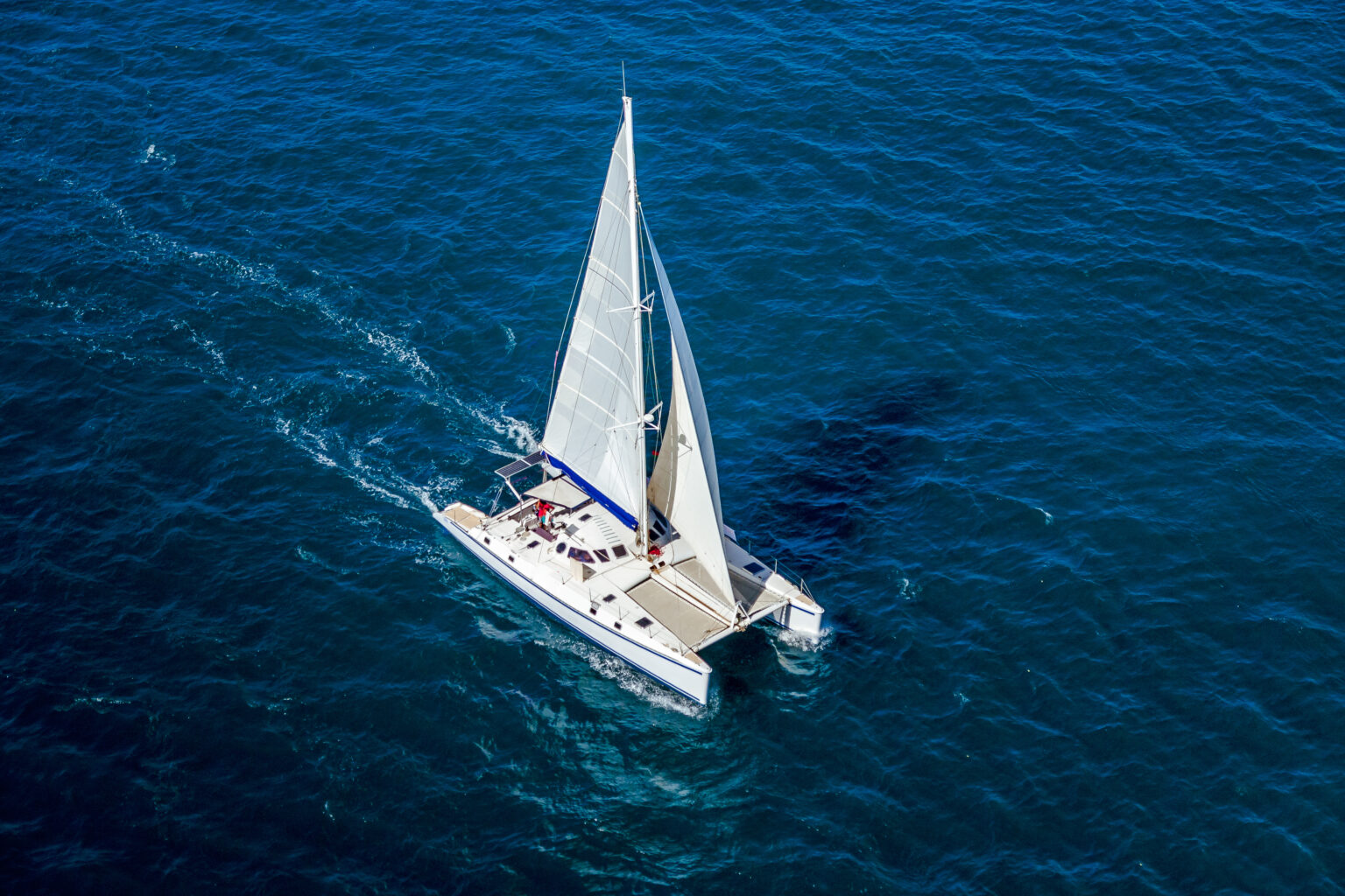 Aerial view of a catamaran navigating in the Indian Ocean